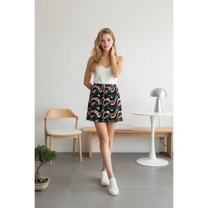 Reserved Pink Teal Abstract Wavy Print Pleated Mini Skirt Retro Size UK 8 EUR 36